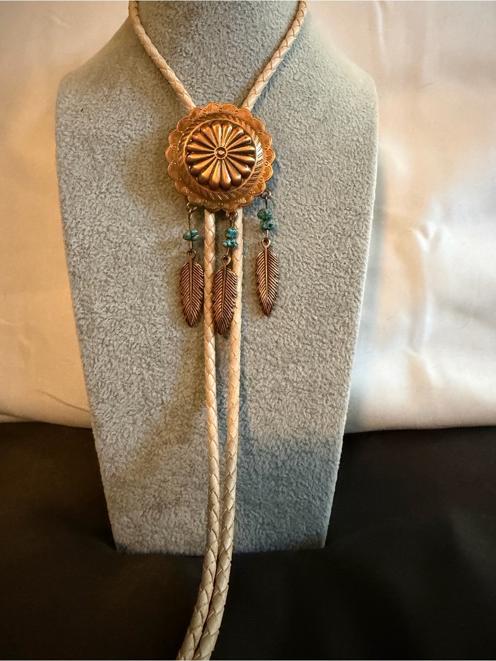 Copper Conch w/Turquoise Feather Bolo Tie w/Cream Leather Cord  Western/Boho
